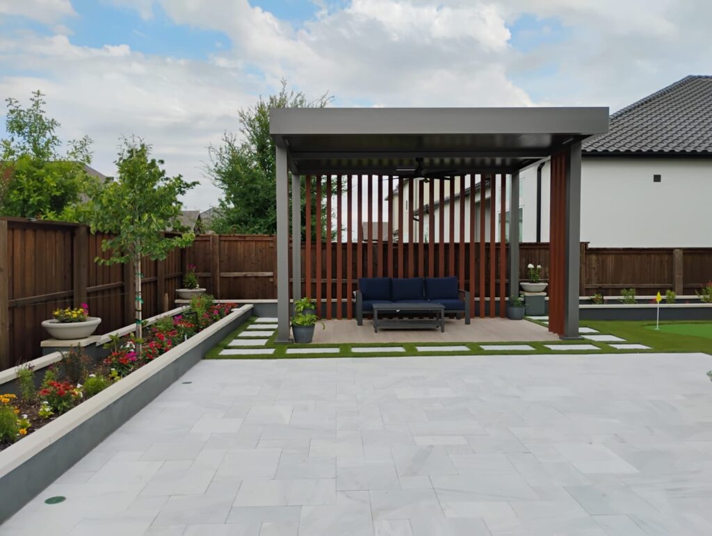 modern pergola with a pavers patio by Amigo Outdoor Living in Prosper